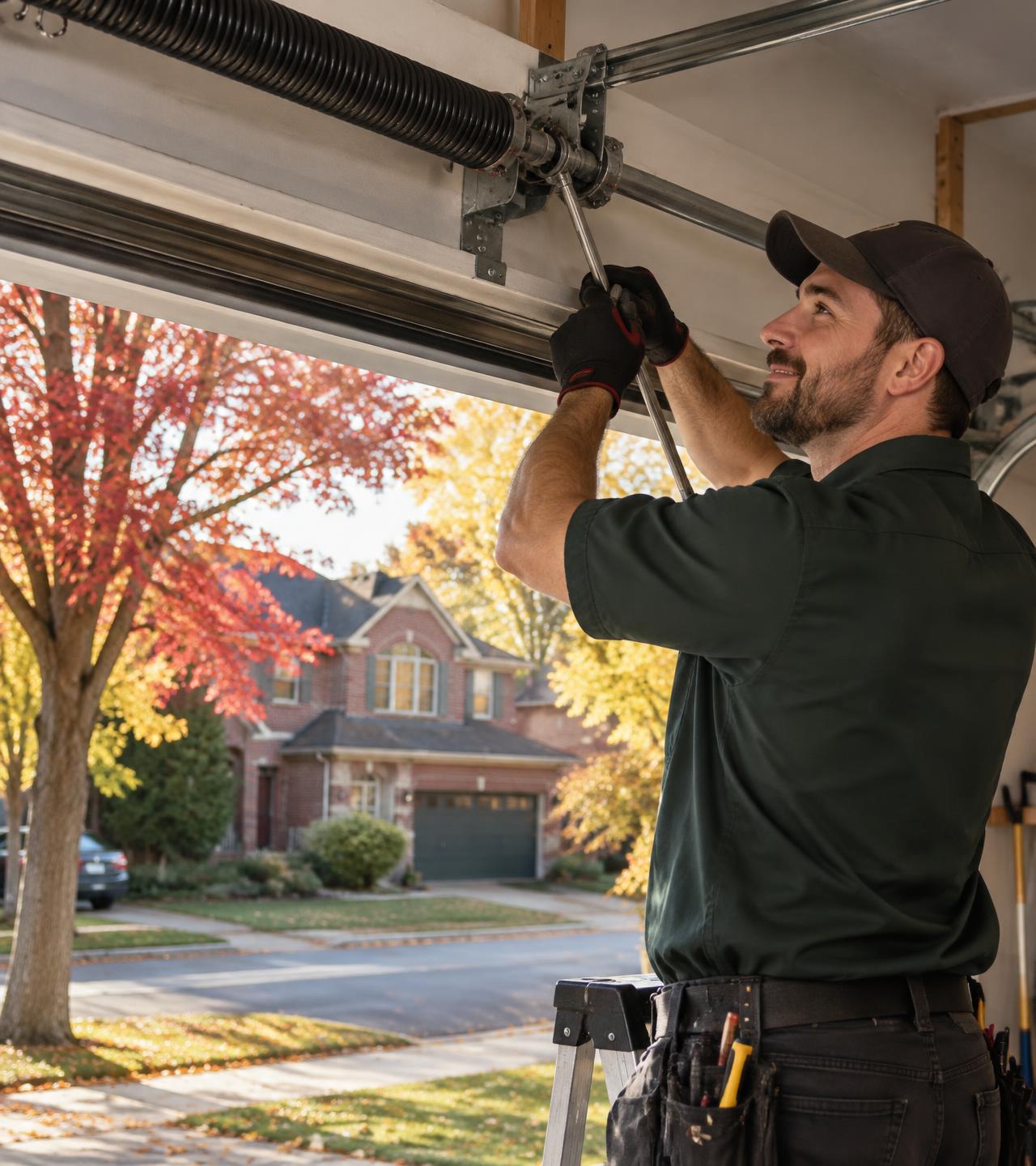 Technician adjusting a garage door spring in a London, Ontario home